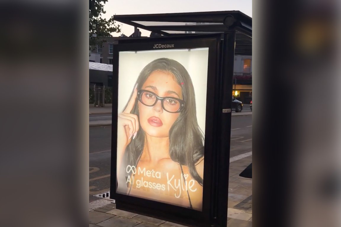A screenshot featuring a false advertisement for Meta AI glasses with Kylie Jenner prior to an angle change that reveals a different advertisement.