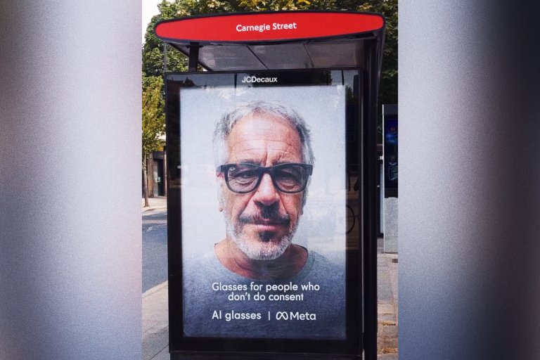 A photograph of a fake advertisement for Meta Ray Ban glasses featuring Jeffery Epstein wearing them. The advertisement reads "Glasses for people who don't do consent."