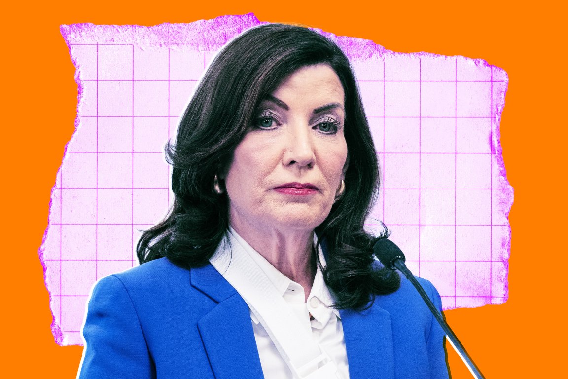 A colorful photo illustration featuring a photograph of New York State Governor Kathy Hochul.