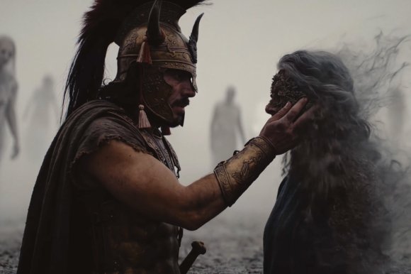A screenshot from the AI-Generated trailer for Odysseus: The Fall, featuring Odysseus touching the face of an old woman as she vanishes into dust.