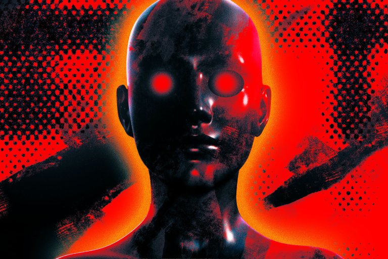 An illustreation featuring a dark, robotic entity in front of a menacing red background.