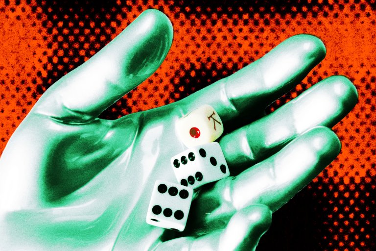 A colorful photo illustration featuring a silvery robotic hand holding dice.