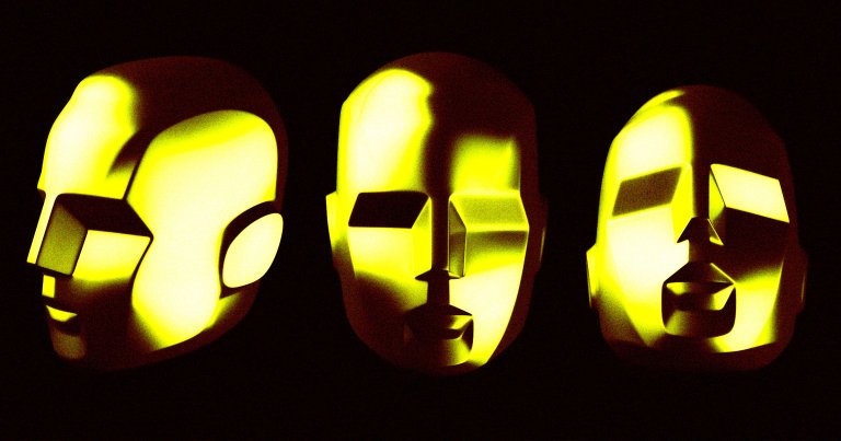 A color-treated photo of robotic masks.