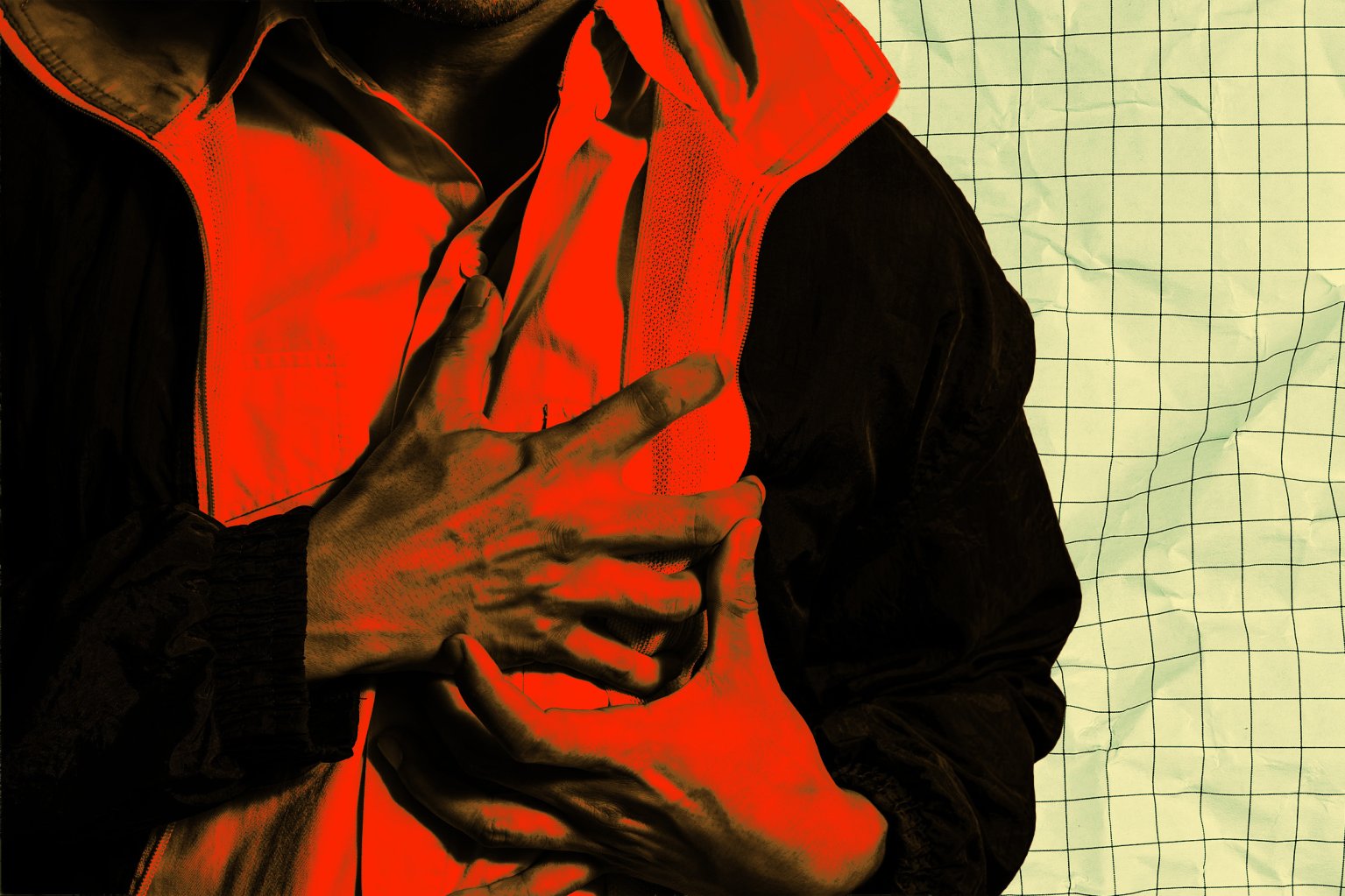 A photo illustration featuring a man grabbing his chest in pain.