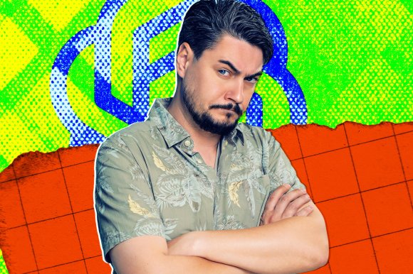A colorful photo illustration featuring a man with his arms crossed and one eyebrow arched in an expression of suspicion. Behind him the OpenAI logo can be seen.