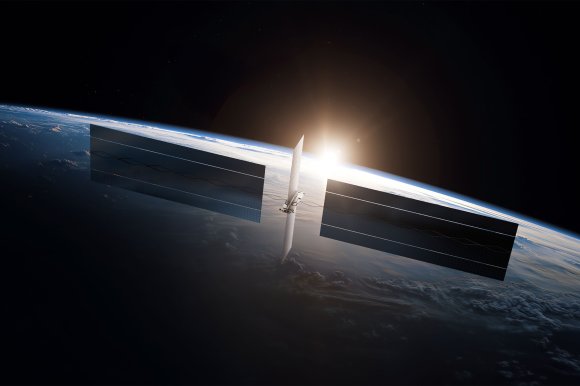 A rendering of the Gigasat, a giant AI data center satellite proposed by SpaceX.