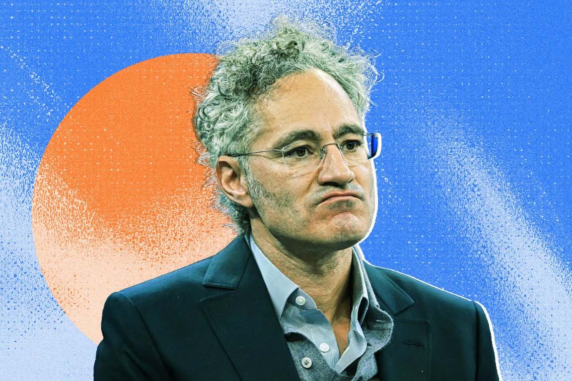 A colorful photo illutration featuring Alex Karp, CEO of Palantir Technologies.