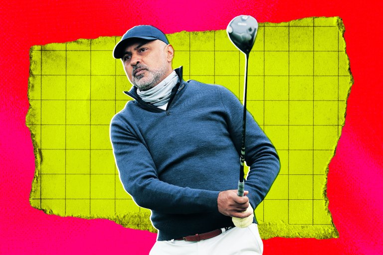 A colorful photo illustration featuring CEO of Palo Alto Networks, Nikesh Arora, while golfing.