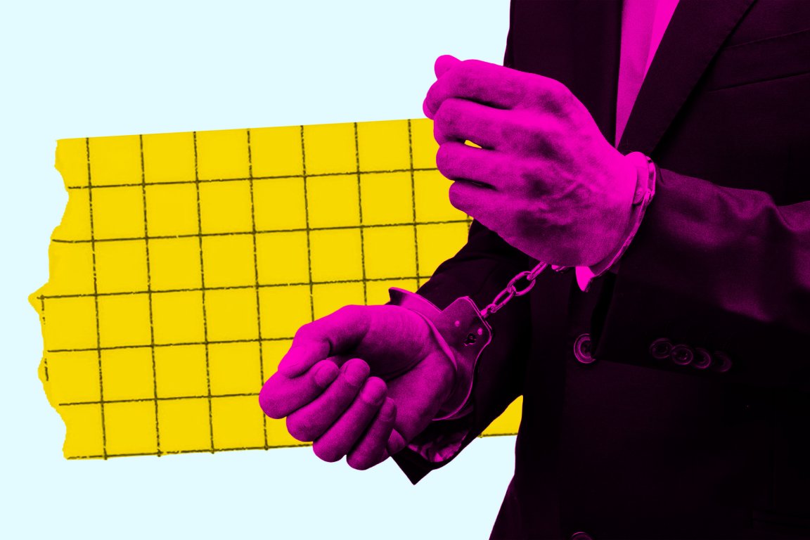 A photo illustration of a man in a business suit with his hands in handcuffs.
