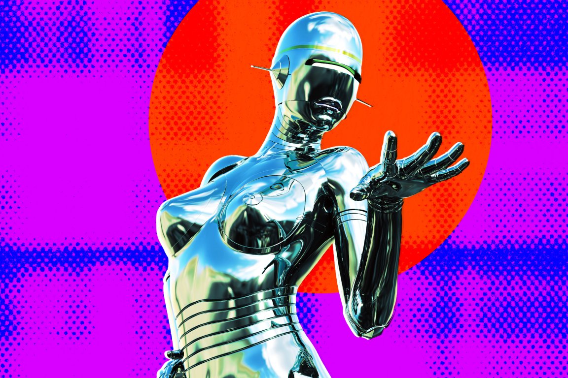 A colorful composite illustration featuring a sexy robotic AI girlifriend.