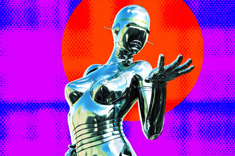 A colorful composite illustration featuring a sexy robotic AI girlifriend.