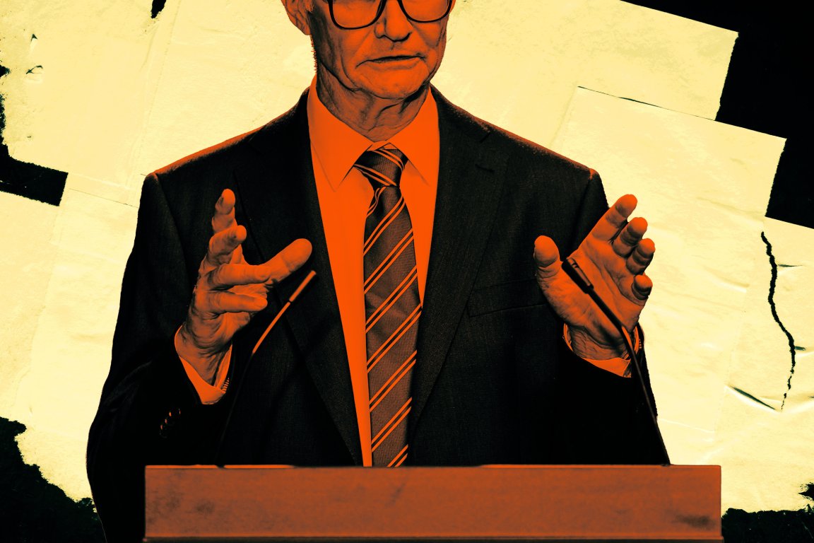 A stylized photo illustration of an older male politician giving a speech.