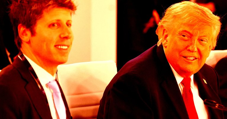 A color-treated photo of president Donald Trump and OpenAI CEO Sam Altman smiling.