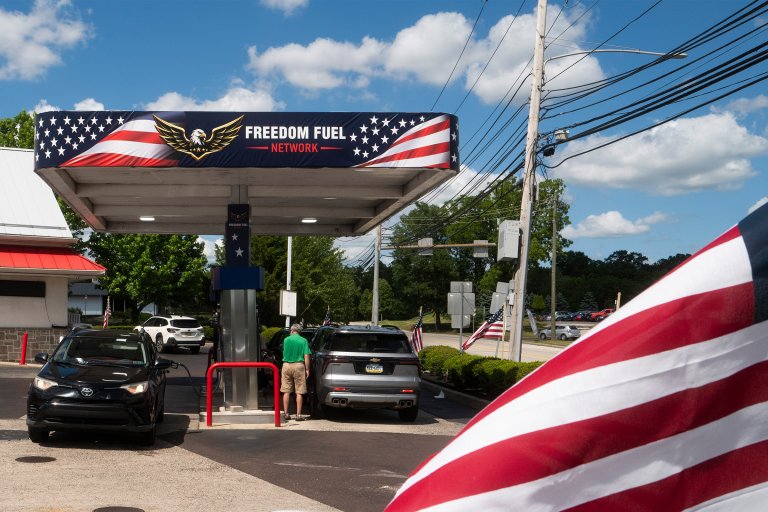 Customers pump gas at a Freedom Fuel Network station on July 8, 2026 in Dresher, Pennsylvania.