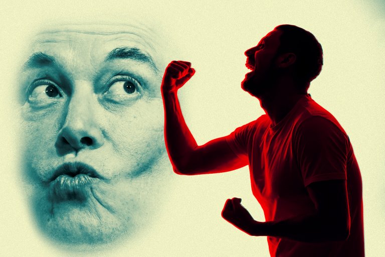 A comic photo illustration featuring a man shouting at the sky in anger with his fist raised, while a disembodied face of Elon Musk floats and puckers it's lips in a ridiculous silly expression.