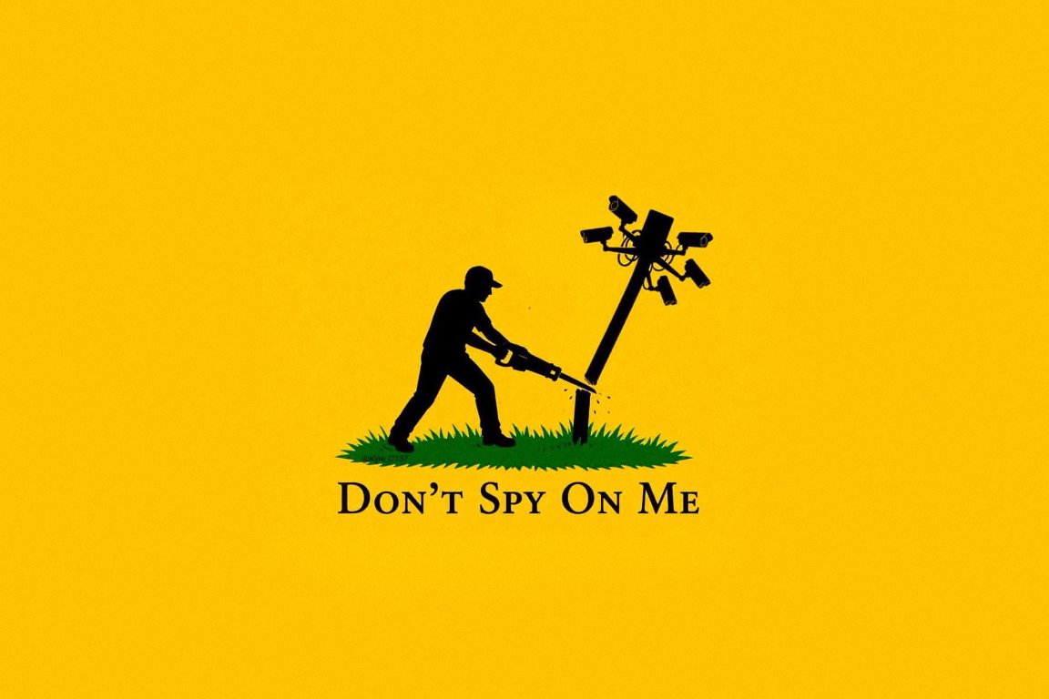 A reddit meme depicting a man sawing down a flock surveillance tower in the style of the "Don't Tread on Me" flag. This one says "Don't Spy On Me."