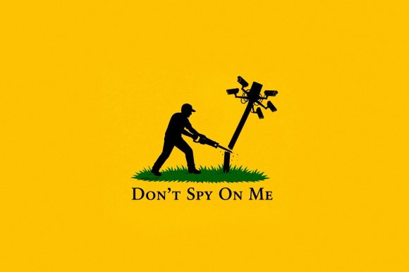 A reddit meme depicting a man sawing down a flock surveillance tower in the style of the "Don't Tread on Me" flag. This one says "Don't Spy On Me."