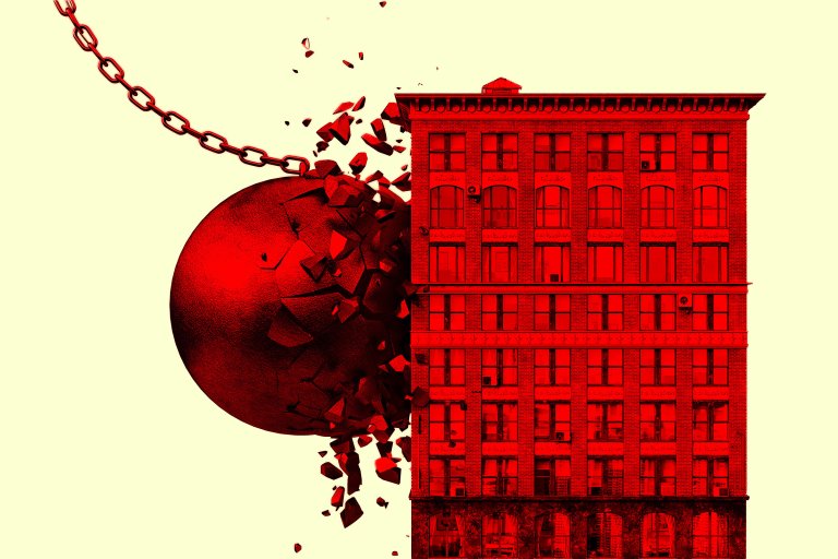 A stylized illustration of a giant wrecking ball ramming into a building.