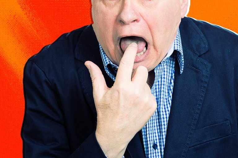 A photo illustration of a man pointing his index finger into his open mouth in a gesture of disgust.