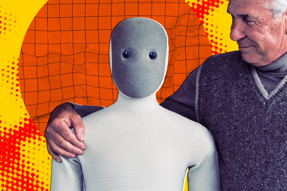 A photo illustration of 1X's Neo robot with an older man wrapping his arm around it's next.
