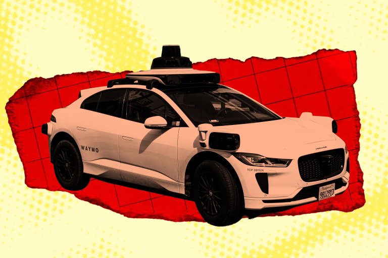 A colorful photo illustration featuring a Waymo car.
