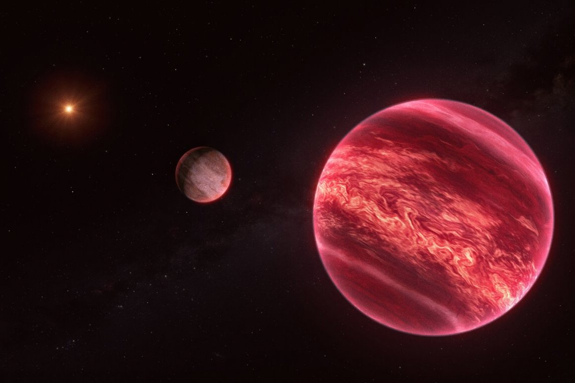 This illustration shows the system around the star CD-35 2722, with the newly found moon-like object at the centre. The star –– the point source to the left –– has about half the mass of our Sun, and it is orbited by a brown dwarf, the reddish-brown object seen here in the foreground (right).