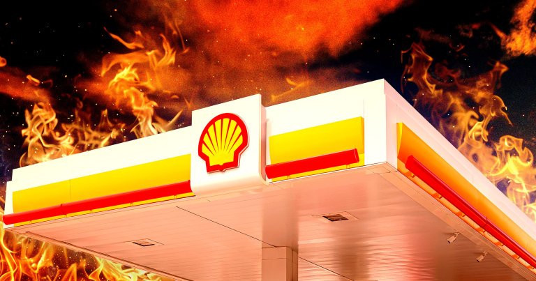 A photo illustration of a Shell gas station surrounded by flames.