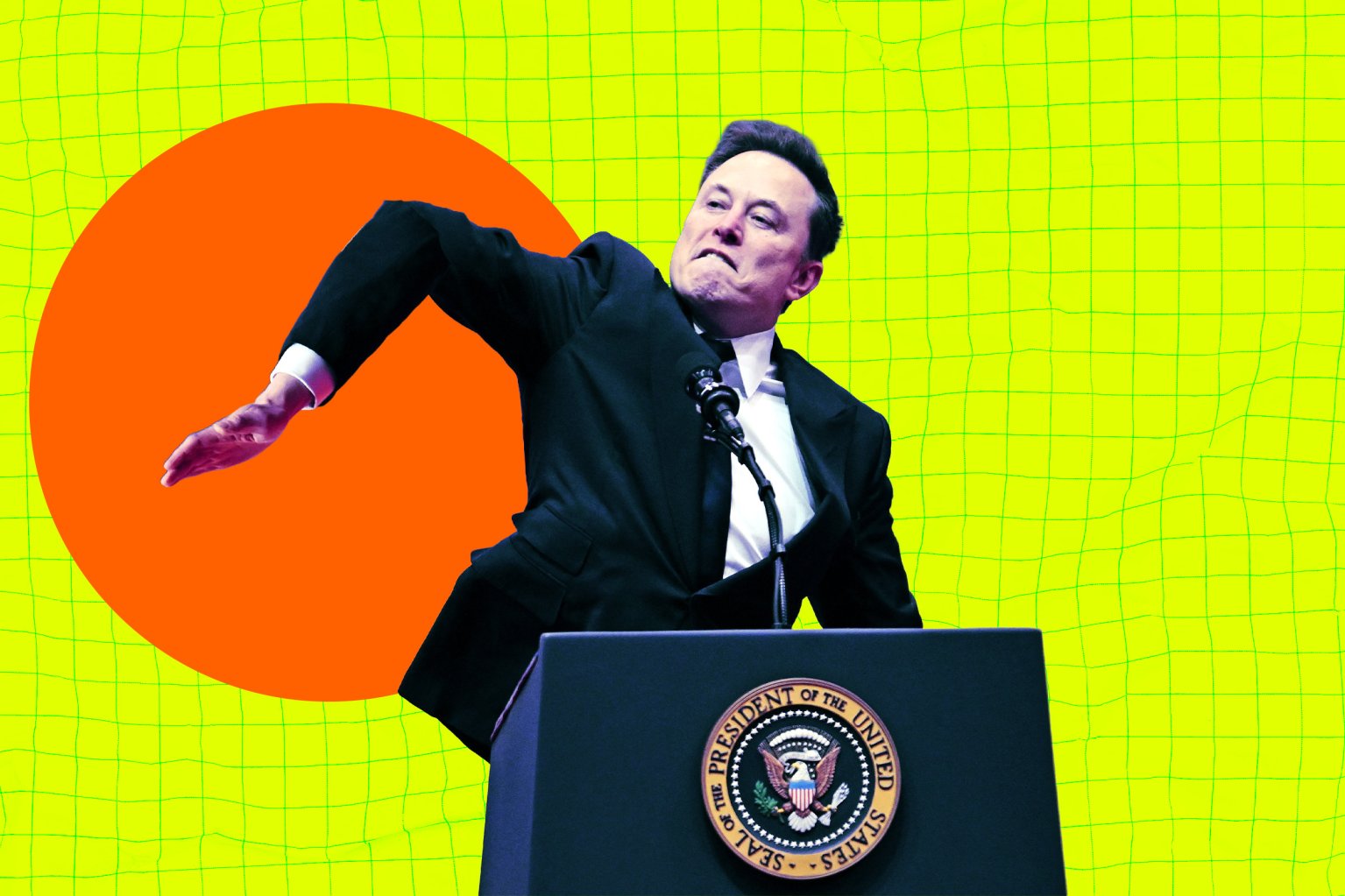A colorful photo illustration of Elon Musk's infamous Nazi-esque salute at President Donald Trump's inauguration; his arm has been inverted to appear as though it were heading downward from the elbow.
