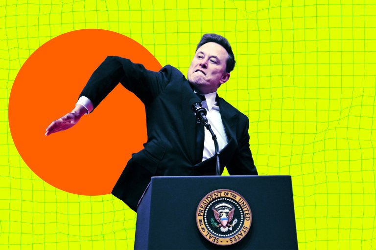 A colorful photo illustration of Elon Musk's infamous Nazi-esque salute at President Donald Trump's inauguration; his arm has been inverted to appear as though it were heading downward from the elbow.