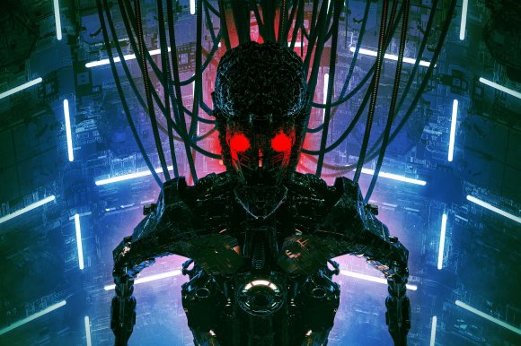An illustration depicting an robot hooked up to multiple cords and tubes with red, frightening eyes.