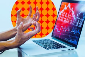 A stylized photo illustration featuring a man's hands curled into claws with rage as he watches stocks decline on his laptop.