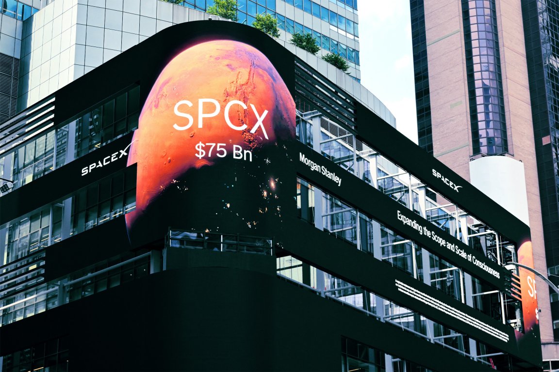 A large digital billboard on a modern building displays an image of Mars with the text "SPCX $75 Bn" prominently shown. The billboard also features the SpaceX logo and the phrase "Morgan Stanley Expanding the Scope and Scale of Consciousness." The surrounding area includes tall buildings with glass windows.