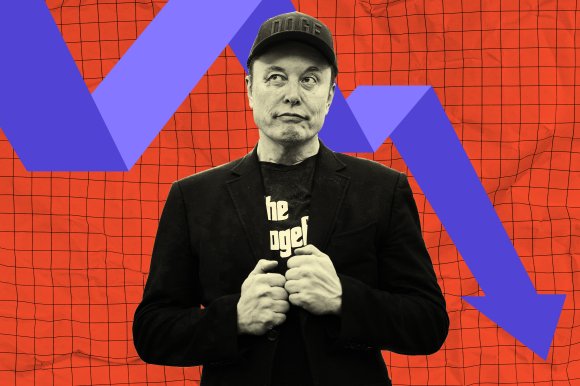 A stylized graphic photo illustration featuring Elon Musk. Behind him an arrow zigs and zags on its way downward.