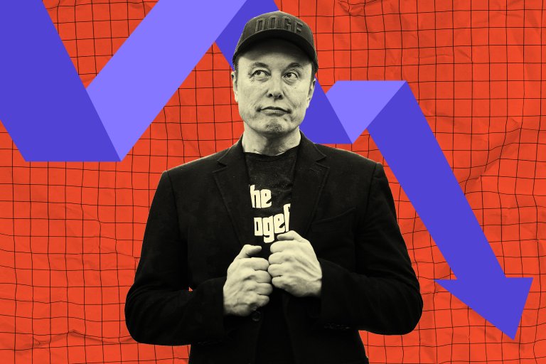 A stylized graphic photo illustration featuring Elon Musk. Behind him an arrow zigs and zags on its way downward.
