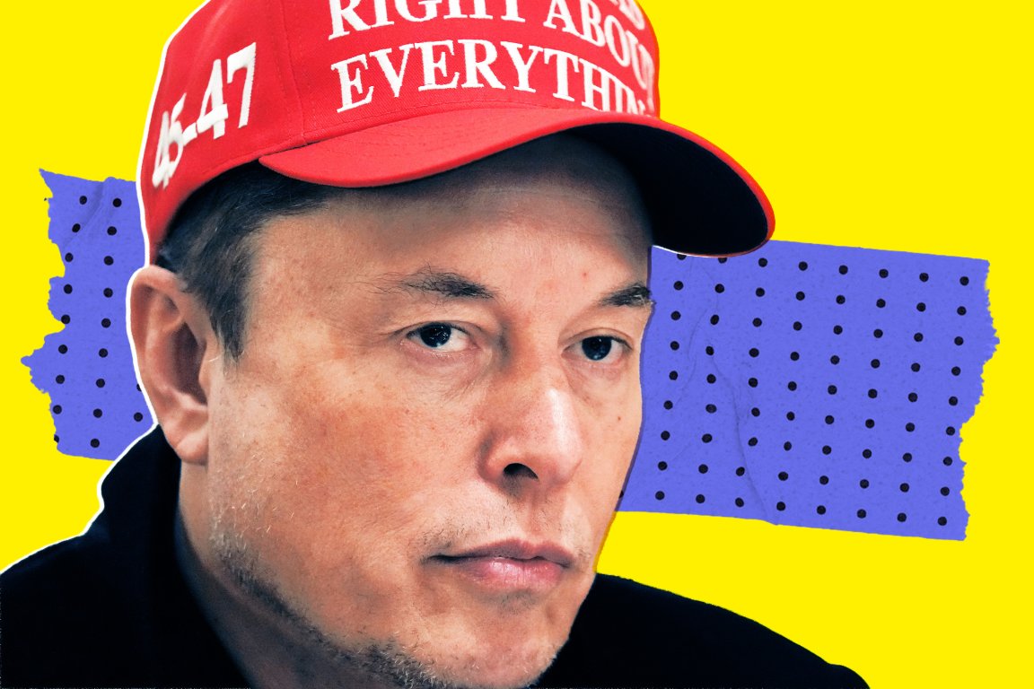 Ilustrasi foto bergaya Elon Musk dengan latar belakang grafik saham menurun.