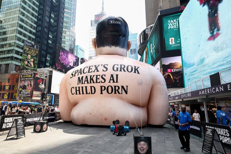 An inflatable effigy of SpaceX CEO Elon Musk, protesting Musk's Grok AI, stands in Times Square in New York City on June 11, 2026.
