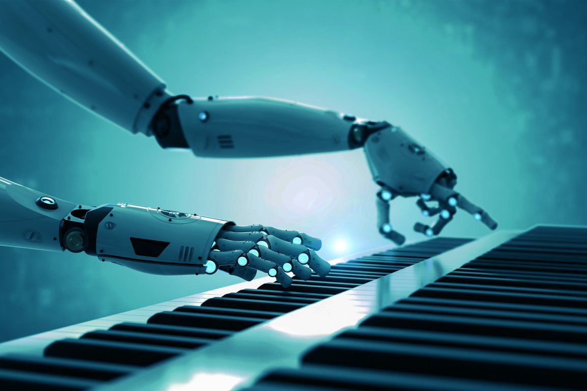 Ilustrasi tangan robot memainkan piano yang mewakili kecerdasan buatan di industri musik.
