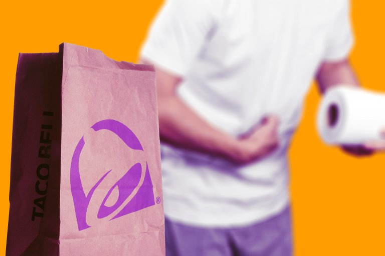 A composite photo illustration featuring a bag of Taco Bell in the foreground while a man holding a roll of toilet paper clutches his stomach in pain in the background.