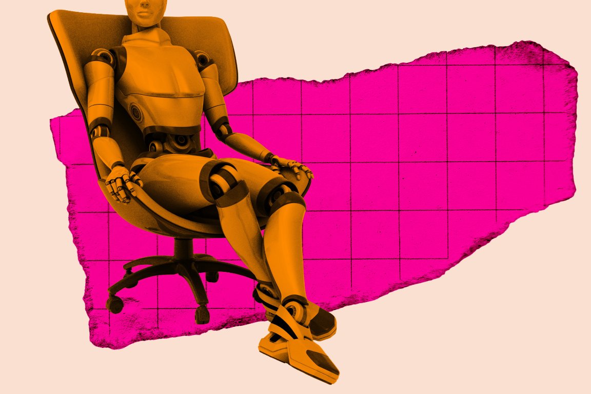 A stylized graphic illustration featuring a robot sitting in an office chair.