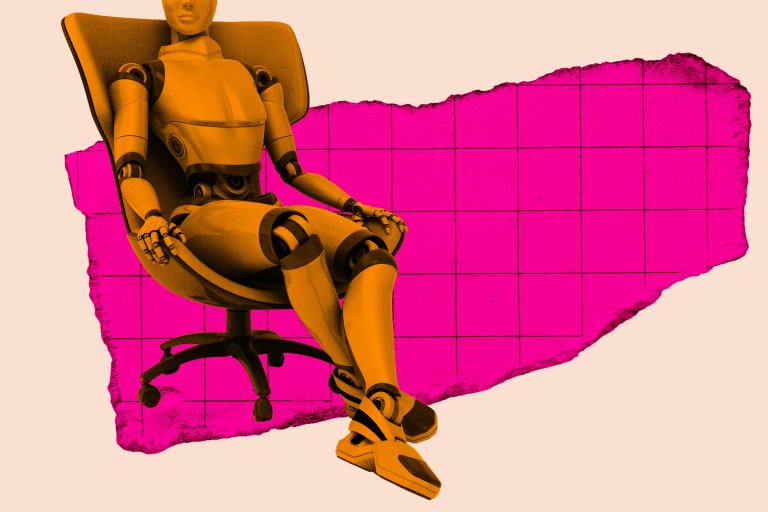 A stylized graphic illustration featuring a robot sitting in an office chair.
