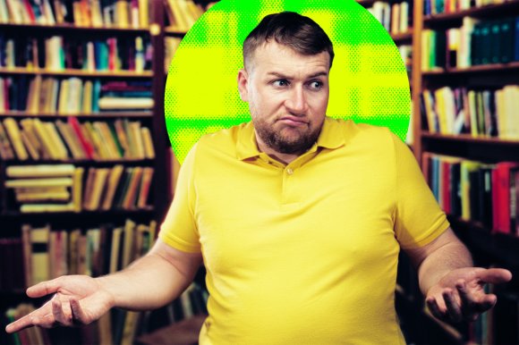 A stylized photo illustration featuring a man in a library looking confused and shrugging his shoulders.