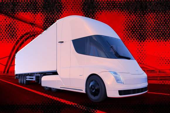 A graphic photo illustration featuring a Tesla Semi-Truck.