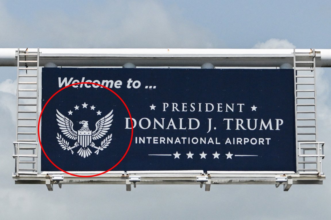 A photograph of a new welcome sign reading "Donald J. Trump International Airport" is seen at the airport's main entrance ramp in West Palm Beach, Florida.