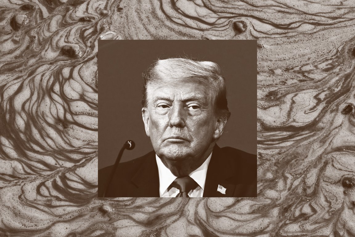 A stylized photo composite featuring a portrait of U.S. President Donald J. Trump surrounding by a sludgy brown liquid.