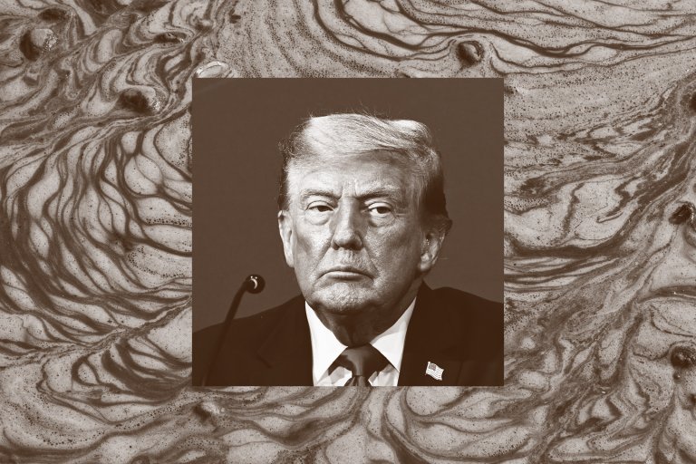 A stylized photo composite featuring a portrait of U.S. President Donald J. Trump surrounding by a sludgy brown liquid.