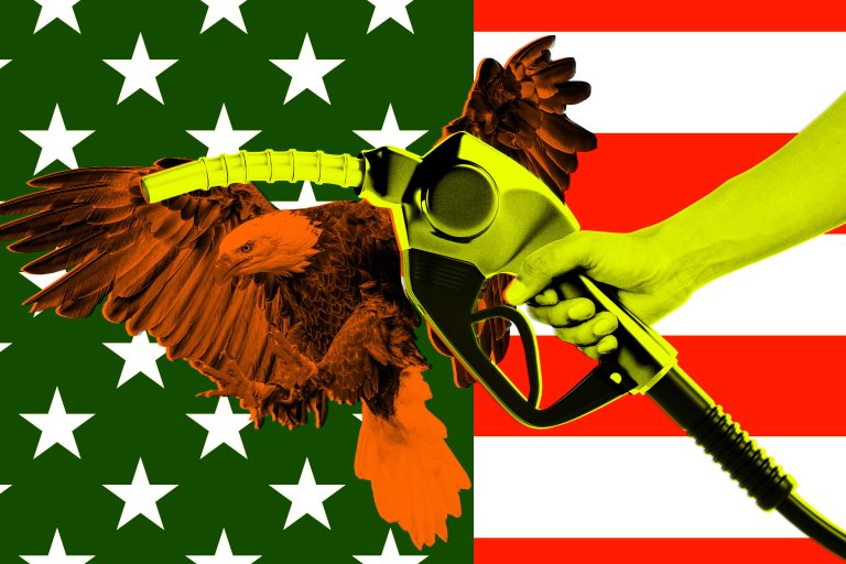 A composite photo illustration featuring a hand holding a gas pump in their hands and a bald eagle in flight. The American flag is in the background.