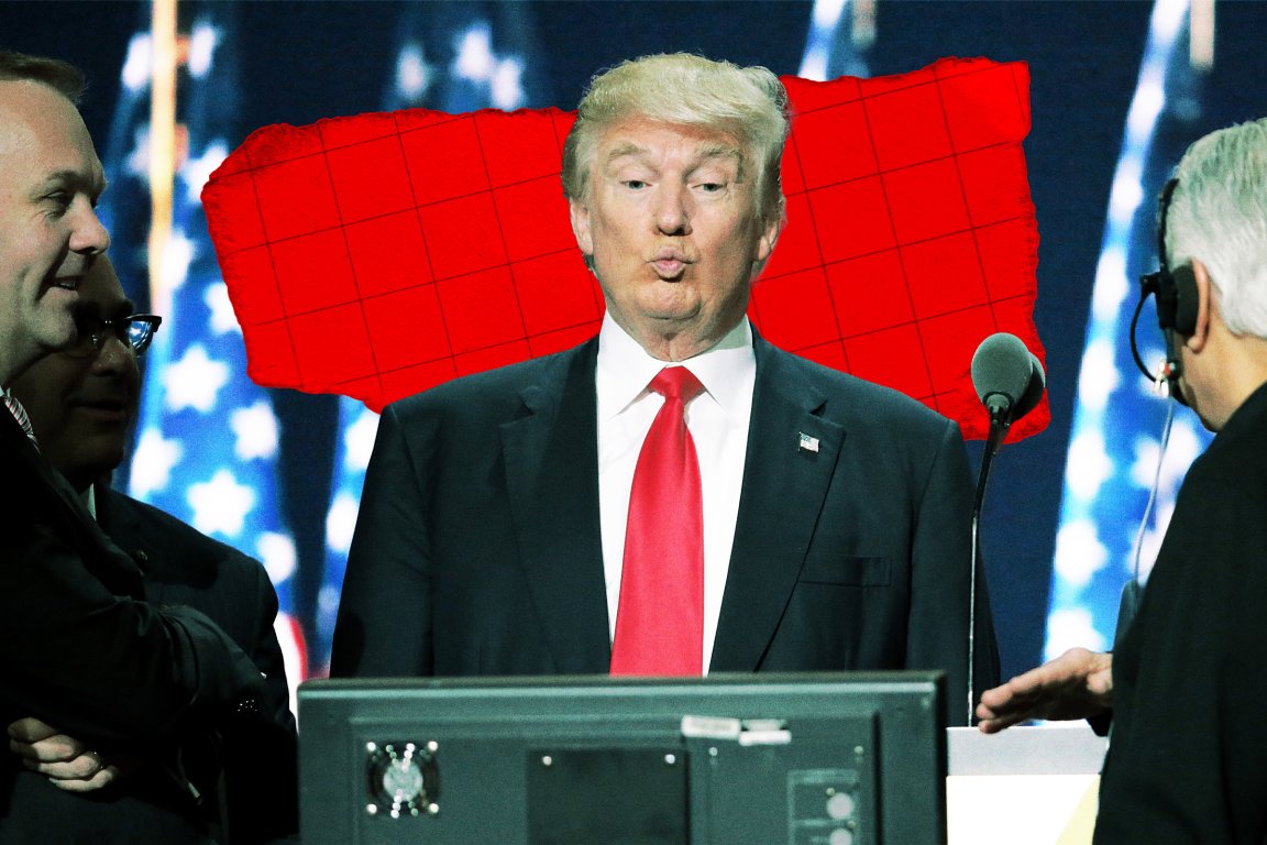 A photo illustration of Donald Trump making a duck face at his telemprompter.