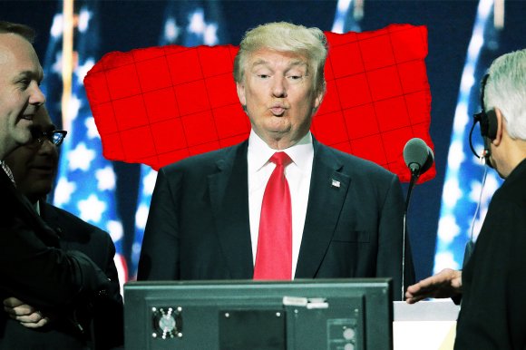 A photo illustration of Donald Trump making a duck face at his telemprompter.