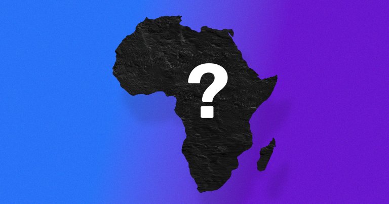 An outline of the continent of Africa with a question mark overlaid.