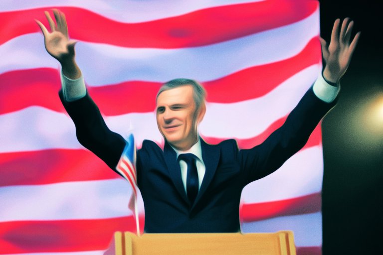 An illustration featuring a photograph of a politician with his hands outstretched in front of an American Flag that has been liquified and filtered to a comic degree mimicking bad AI-generated artwork.